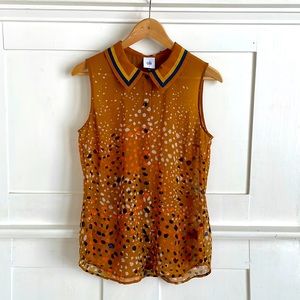 Mustard geometric print sleeveless shirt with collar
